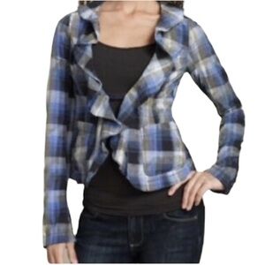 FREE PEOPLE sz 2 Jacket Shirt Liberty Plaid Ruffle Collar Open Front Blue +
